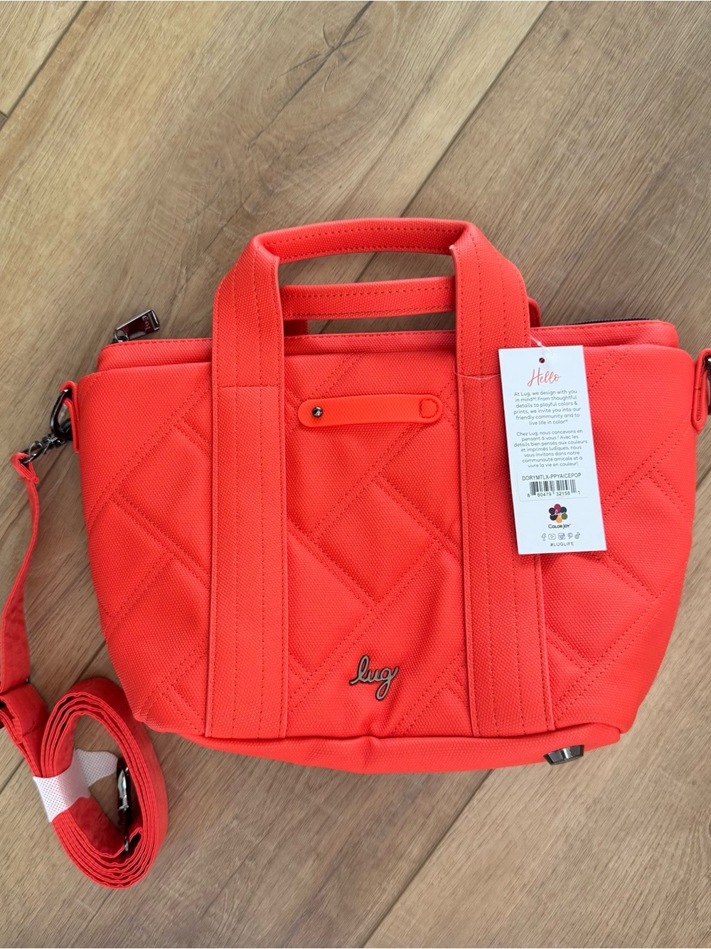 lug papaya ice pop Crossbody Tote with Blue Patterned Interior